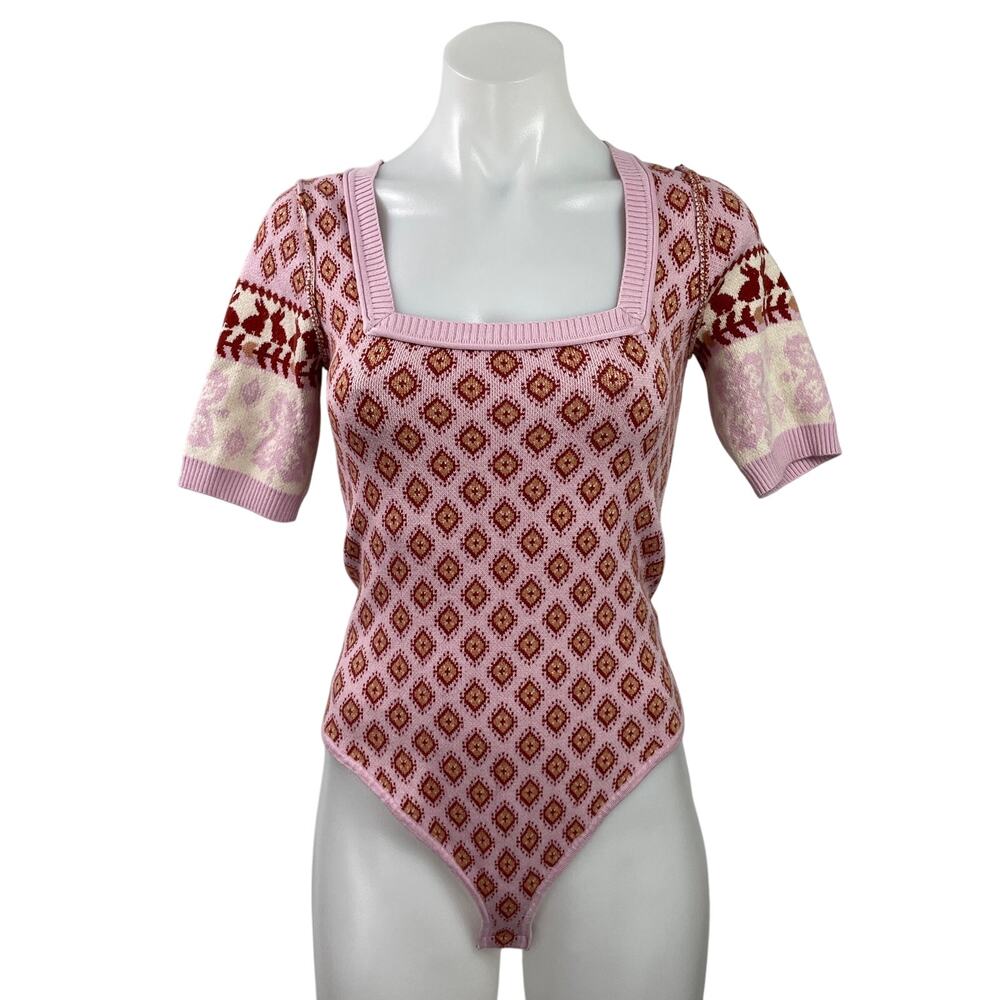 Free People Snow Bunny Pink Short Sleeve Square Neck Knit Bodysuit Top Size XS